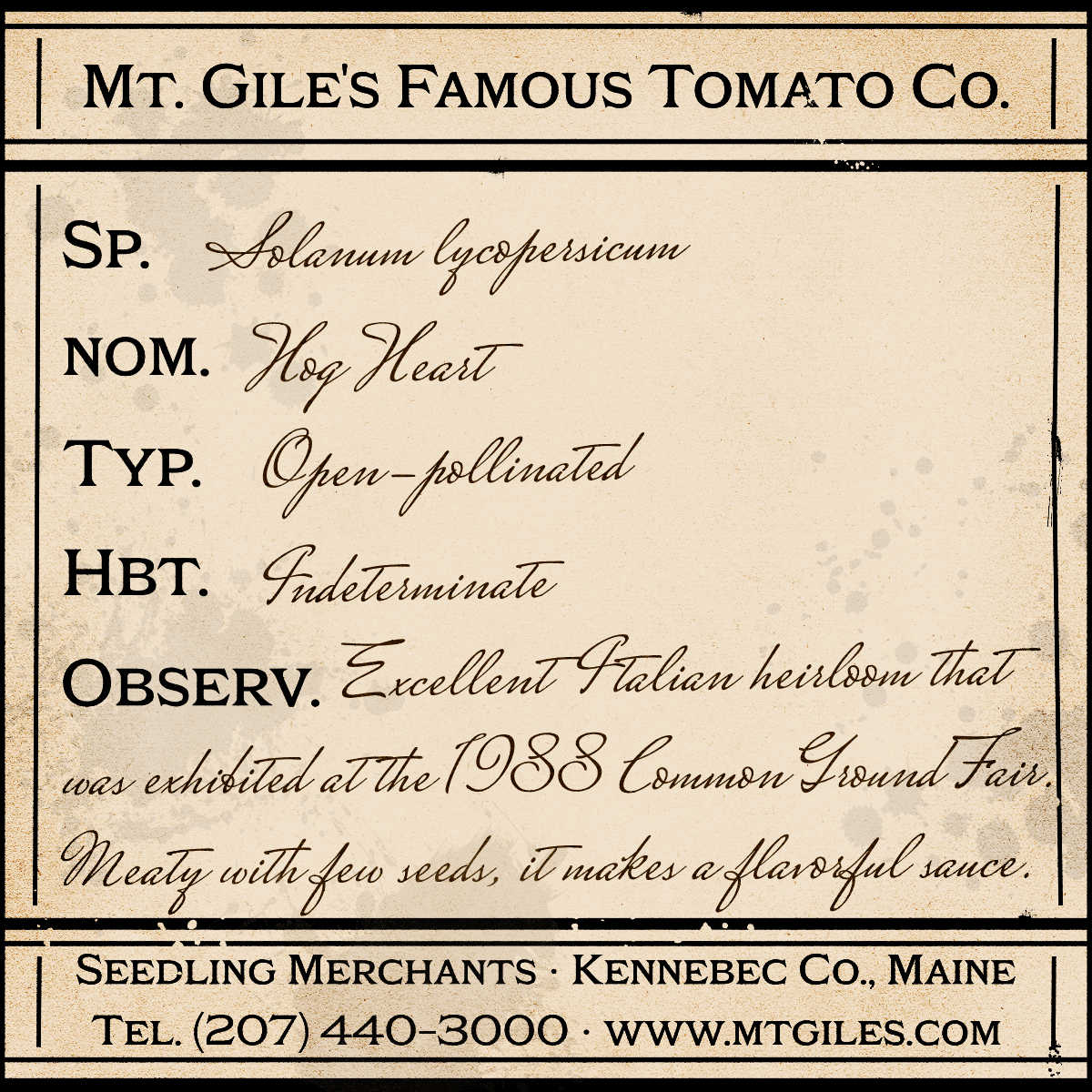 Depiction of a weathered vintage Mt. Gile's Famous Tomato Company specimen label with the following description:
Hog Heart - Excellent Italian heirloom that was exhibited at the 1988 Common Ground Fair. Meaty with few seeds, it makes a flavorful sauce.