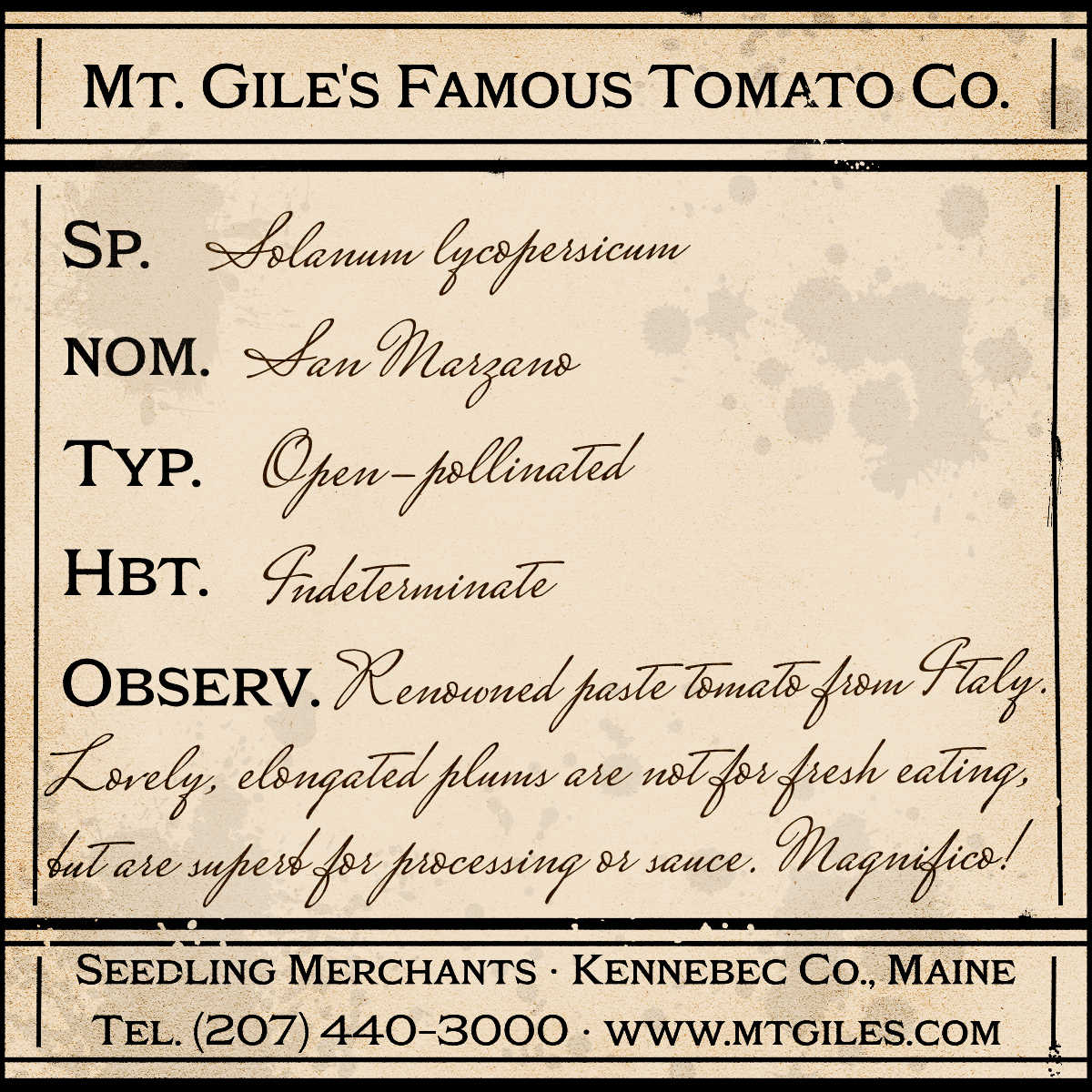 Depiction of a weathered vintage Mt. Gile's Famous Tomato Company specimen label with the following description:
San Marzano - Renowned paste tomato from Italy. Lovely, elongated plums are not for fresh eating, but are superb for processing or sauce. Magnifico!