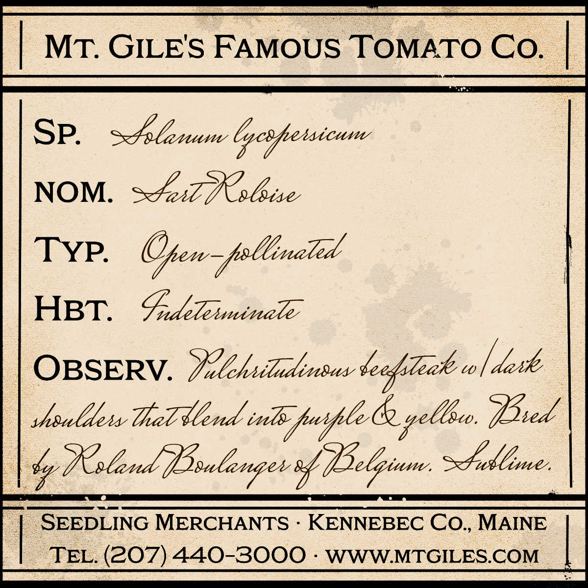 Depiction of a weathered vintage Mt. Gile's Famous Tomato Company specimen label with the following description:
Sart Roloise - Pulchritudinous beefsteak with dark shoulders that blend into purple & yellow. Bred by Roland Boulanger of Belgium. Sublime.