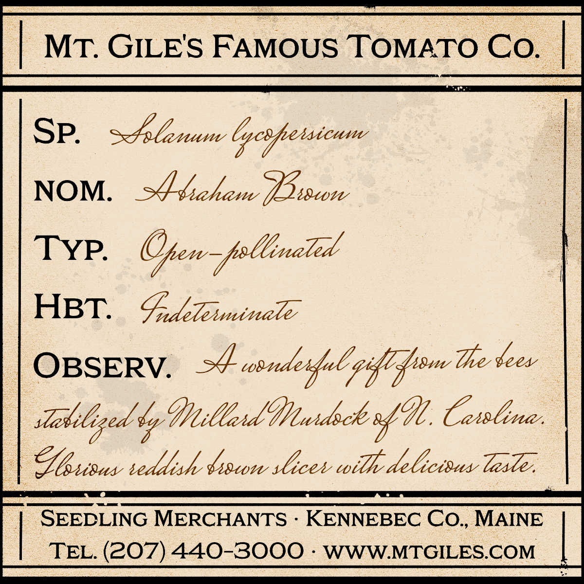 Depiction of a weathered vintage Mt. Gile's Famous Tomato Company specimen label with the following description: 

Abraham Brown - A wonderful gift from the bees stabilized by Millard Murdock of North Carolina. Glorious reddish brown slicer with delicious taste.