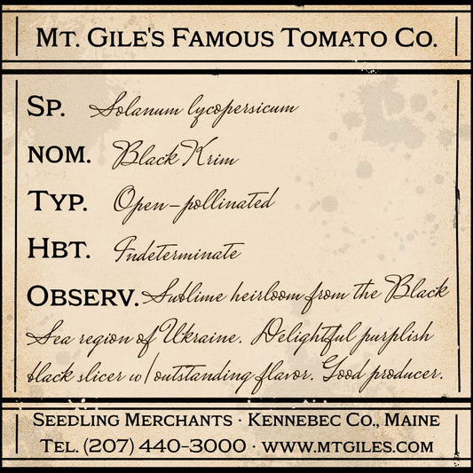 Depiction of a weathered vintage Mt. Gile's Famous Tomato Company specimen label with the following description: 

Black Krim - Sublime heirloom from the Black Sea region of Ukraine. Delightful purplish black slicer with outstanding flavor. Good producer.