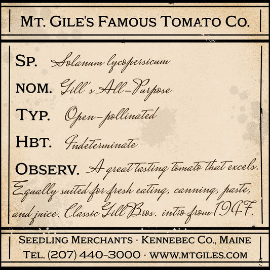 Depiction of a weathered vintage Mt. Gile's Famous Tomato Company specimen label with the following description: 

Gill's All-Purpose - A great tasting tomato that excels. Equally suited for fresh eating, canning, paste, and juice. Classic Gill Bros. intro from 1947.