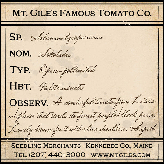 Depiction of a weathered vintage Mt. Gile's Famous Tomato Company specimen label with the following description: 

Sokolades - A wonderful tomato from Latvia with flavor that rivals its finest purple/black peers. Lovely brown fruit with olive shoulders. Superb.