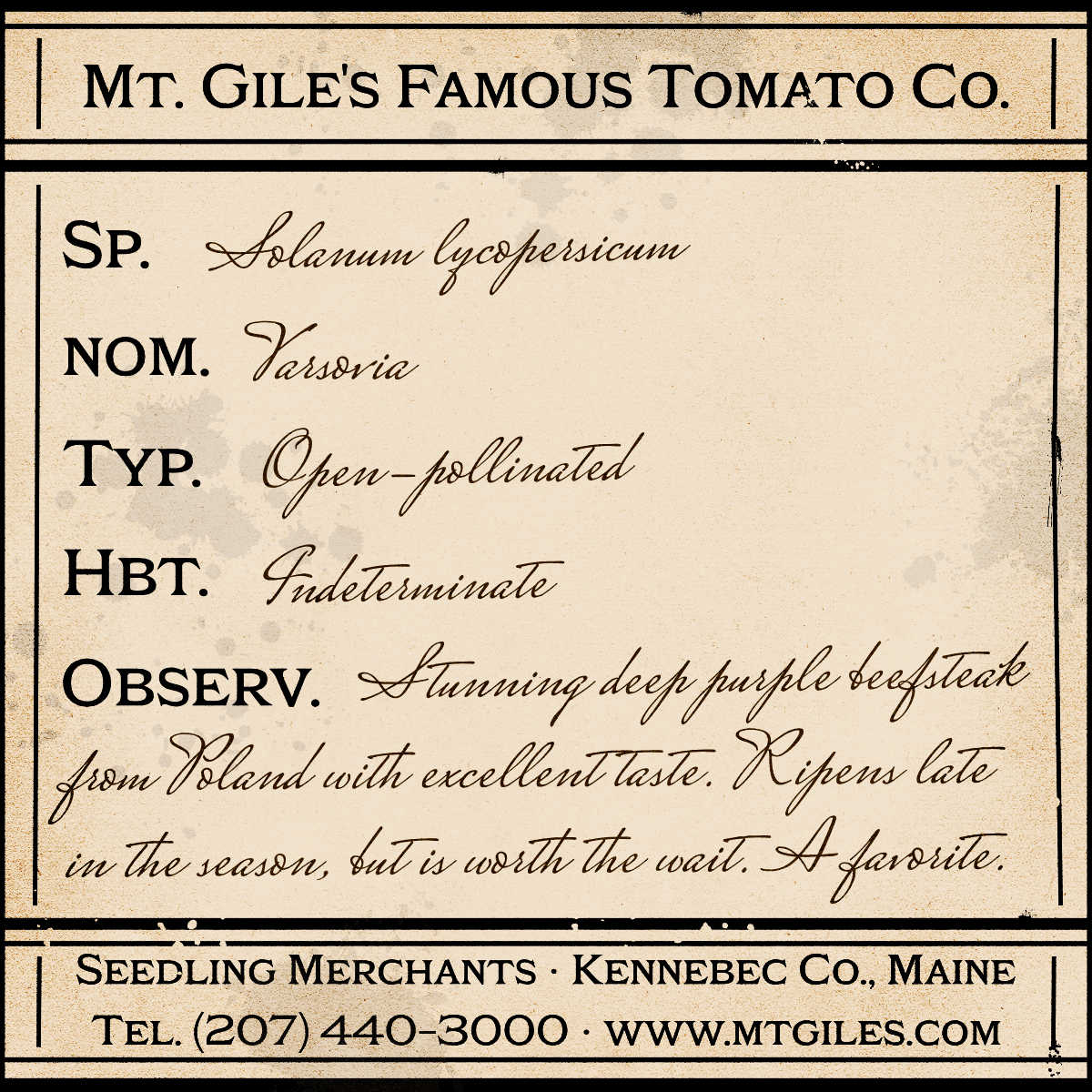 Depiction of a weathered vintage Mt. Gile's Famous Tomato Company specimen label with the following description: 

Varsovia - Stunning deep purple beefsteak from Poland with excellent taste. Ripens late in the season, but is worth the wait. A favorite.