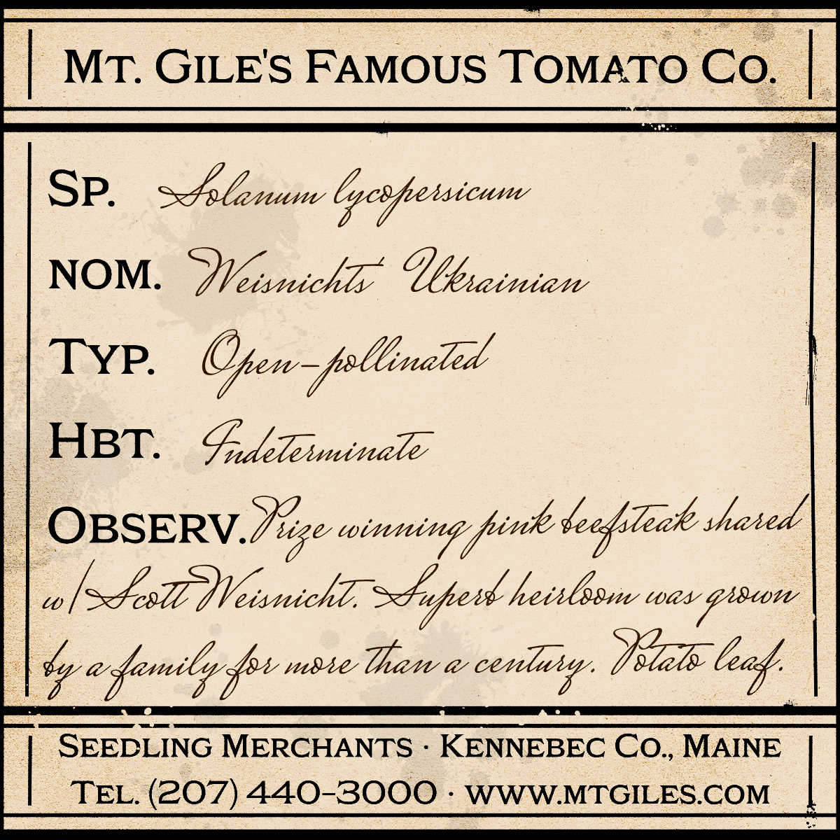 Depiction of a weathered vintage Mt. Gile's Famous Tomato Company specimen label with the following description: 

Weisnicht's Ukrainian - Prize winning pink beefsteak shared with Scott Weisnicht. Superb heirloom was grown by a family for more than a century. Potato leaf.